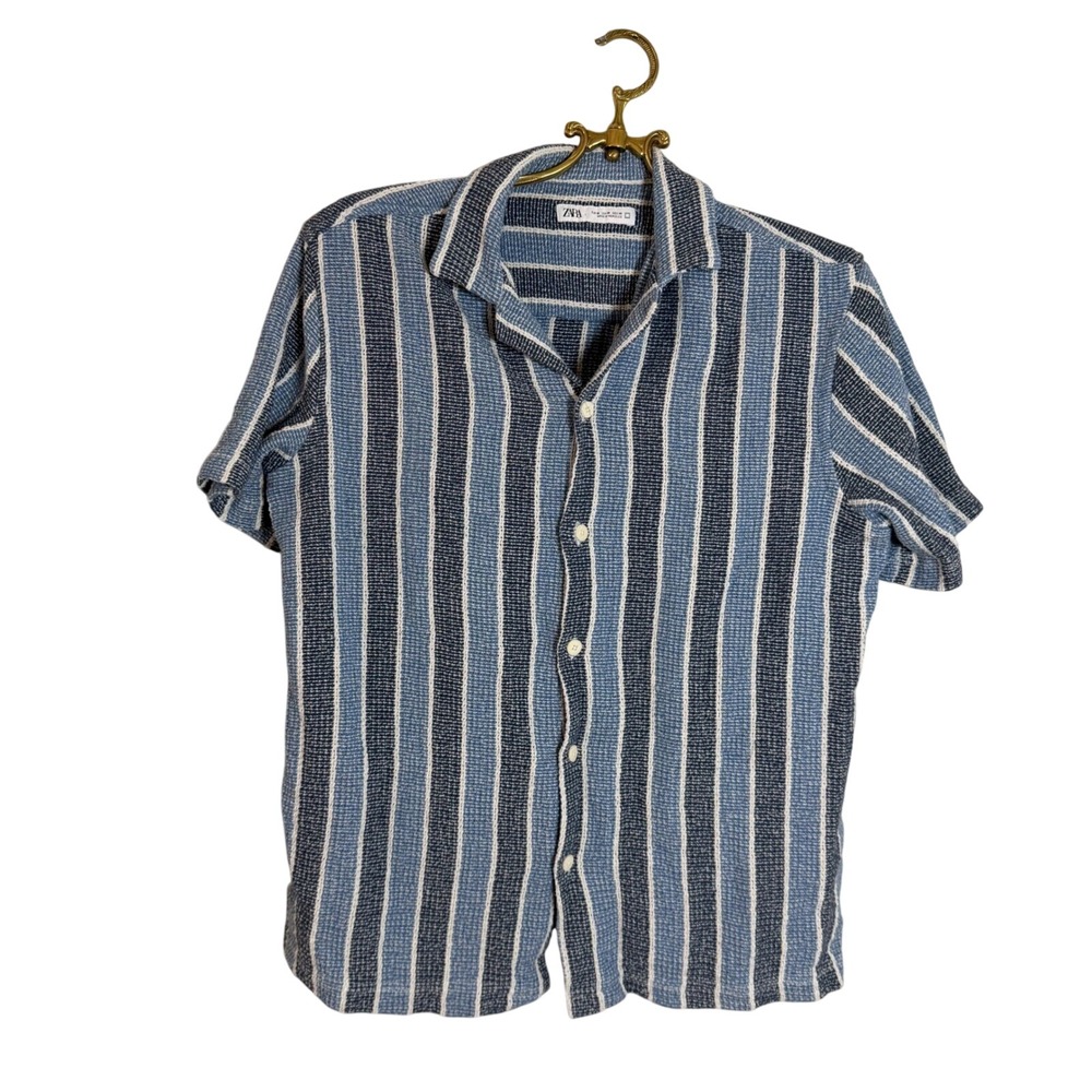 Zara Mens Blue White Striped Textured Knit Short Sleeve Button Up Shirt Size M